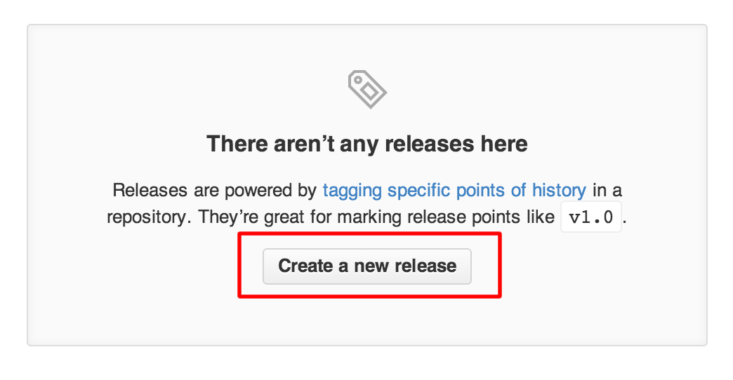 GitHub Releases page message stating that there aren't any releases here yet. The Create a new release button is highlighted