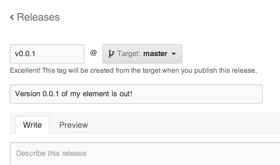 The GitHub releases form displaying an input field for entering in a version number, a drop-down box for selecting the target branch, a release titles field and a description field